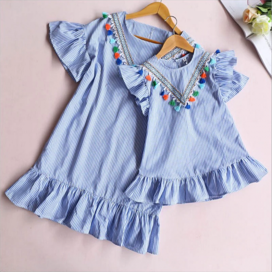 Newborn Baby Girl Family Matching Clothes Mom And Daughter Dress Nine Quarter Stripe Tassel Mini Mother And Daughter Outfits